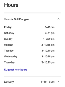 victorial grill opening hours